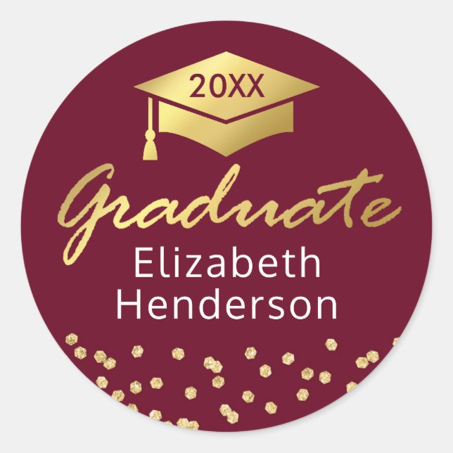 Burgundy Gold Glitter Graduate Graduation Classic Round Sticker (Front)