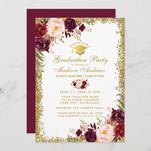 Burgundy Gold Glitter Graduation Party Invite G (Front/Back)