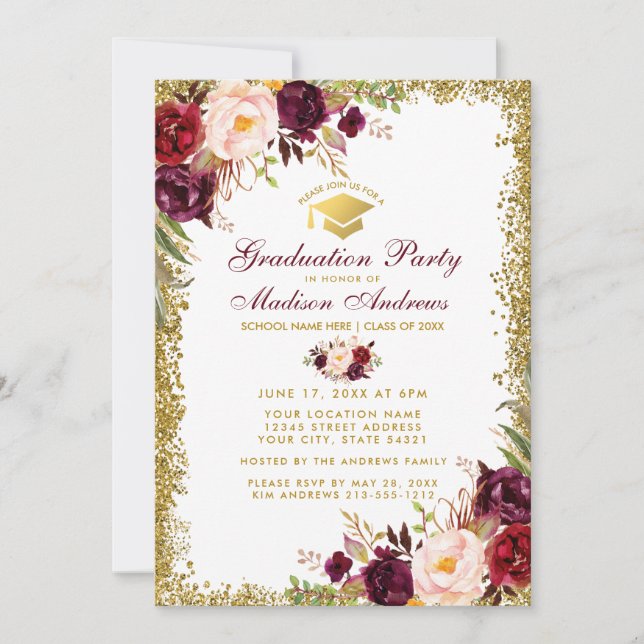 Burgundy Gold Glitter Graduation Party Invite WB (Front)