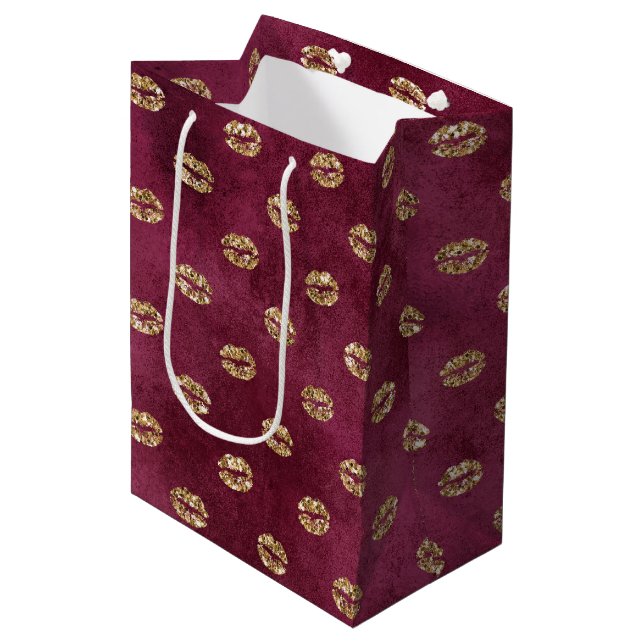 Burgundy Gold Glitter Kisses Lips     Medium Gift Bag (Front Angled)
