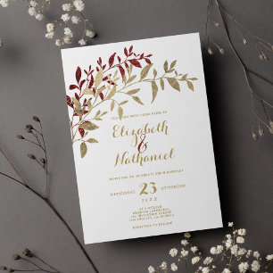 Burgundy gold glitter leaves floral white wedding  invitation