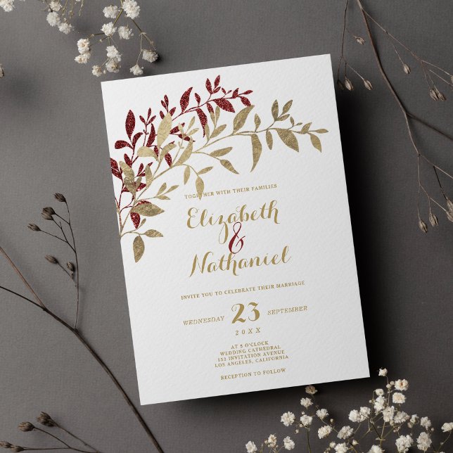 Burgundy gold glitter leaves floral white wedding  invitation (Burgundy gold glitter leaves floral white wedding )
