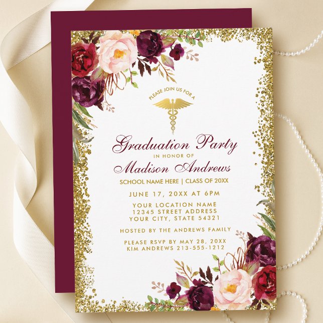 Burgundy Gold Glitter Medical Grad Party Invite (Customize to change text color, style, add text & photos to back or change color of back of card.)