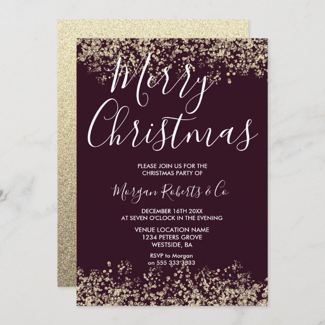 Burgundy & Gold Glitter Merry Christmas Party Invitation (Front/Back)
