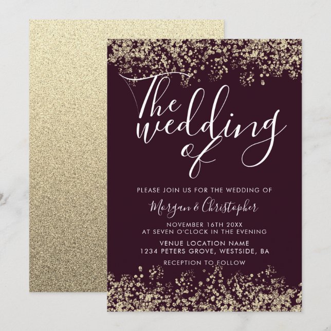 Burgundy & Gold Glitter Modern Wedding Invitation (Front/Back)