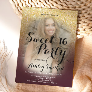 Burgundy gold glitter ombre fancy photo Sweet 16 Invitation