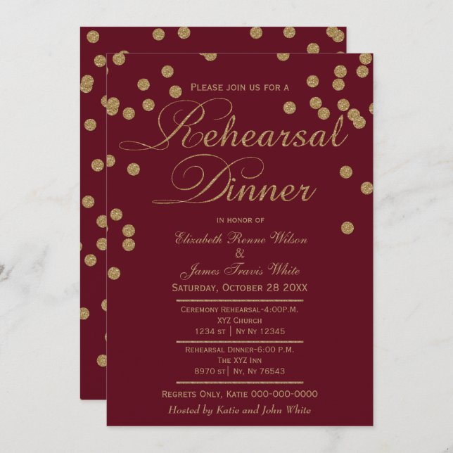burgundy gold glitter rehearsal dinner invitation (Front/Back)