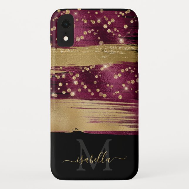 Burgundy Gold Glitter Script Monogrammed Case-Mate iPhone Case (Back)