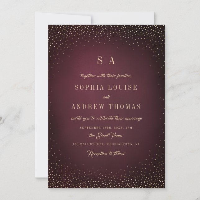 Burgundy Gold Glitter Simple Monogram wedding Invitation (Front)