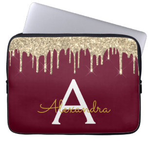 Burgundy Gold Glitter Sparkle Monogram Laptop Sleeve