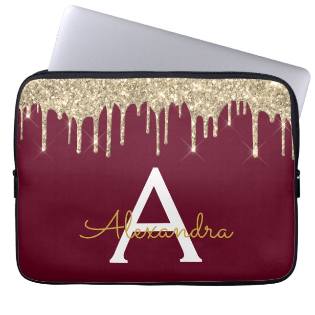 Burgundy Gold Glitter Sparkle Monogram Laptop Sleeve (Front)