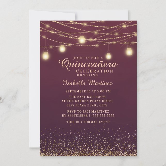 Burgundy Gold Glitter String Lights Quinceañera Invitation (Front)