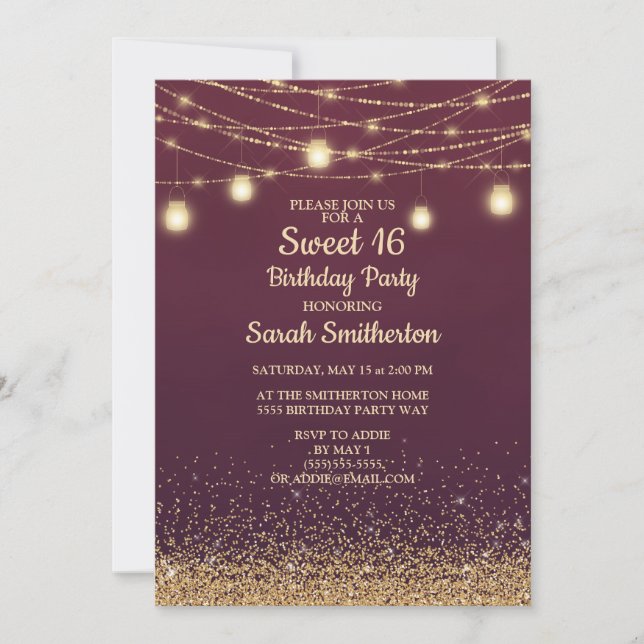 Burgundy Gold Glitter String Lights Sweet 16 Invitation (Front)