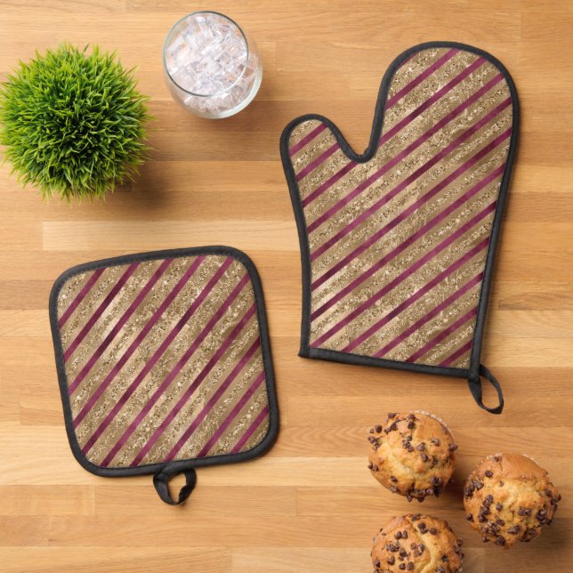Burgundy Gold Glitter Stripes  Oven Mitt & Pot Holder Set (Top Down)