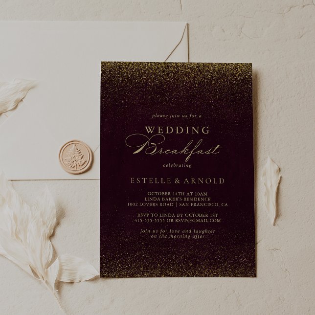 Burgundy Gold Glitter Wedding Breakfast  Invitation (Creator Uploaded)