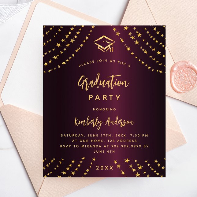 Burgundy gold graduation party budget invitation flyer (Creator Uploaded)