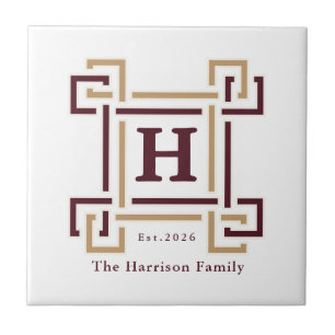 Burgundy Gold Greek Key Monogram Family Crest Tile