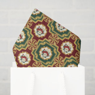 Burgundy Gold Green Floral Tissue Paper, Decoupage Paper