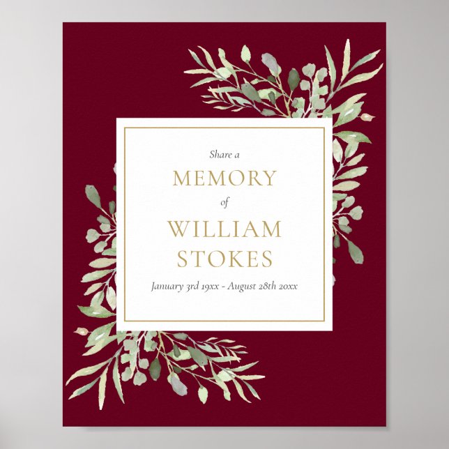 Burgundy Gold Greenery Funeral Share A Memory Sign (Front)