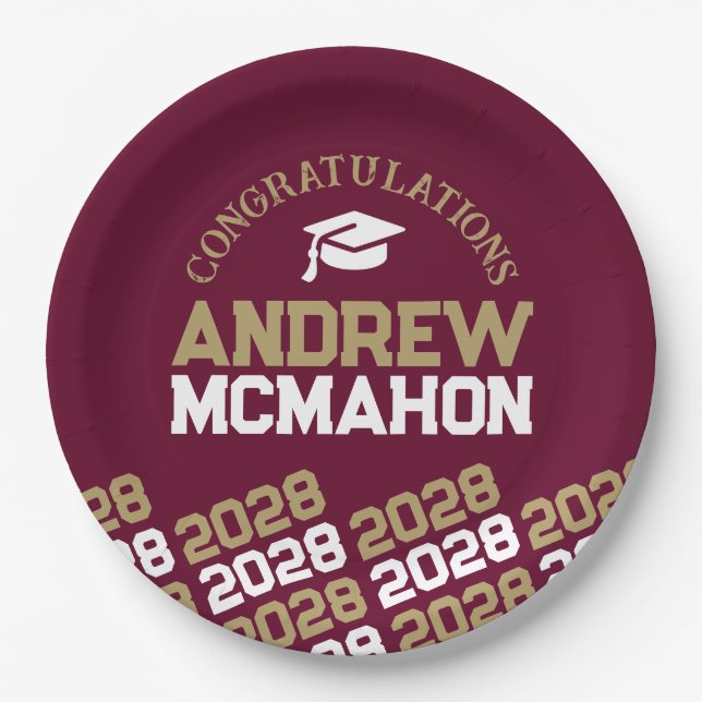 Burgundy & Gold Half Repeat Grad Personalised Paper Plate (Front)