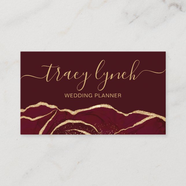 Burgundy Gold  Handwritten Script Calligraphy Business Card (Front)