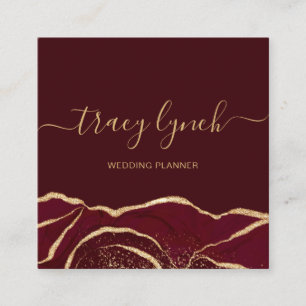 Burgundy Gold Handwritten Script Calligraphy Square Business Card