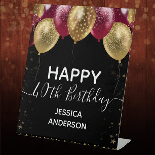 Burgundy Gold Happy Birthday Pedestal Sign