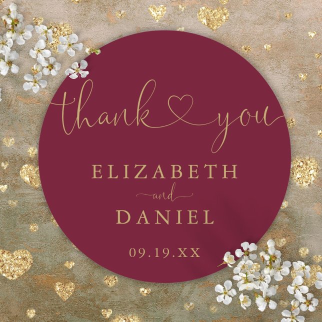 Burgundy Gold Heart Script Thank You Wedding Favou Classic Round Sticker (Burgundy Gold Heart Script Thank You Wedding Favor Classic Round Sticker)
