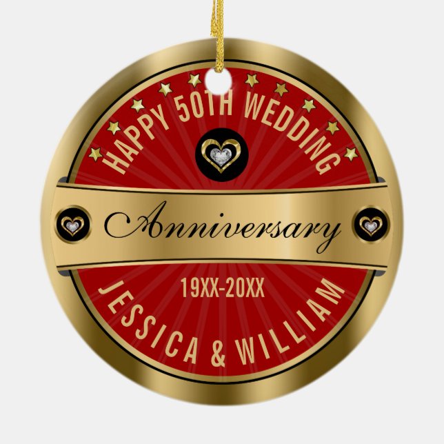 Burgundy & Gold Hearts 50th Wedding Anniversary Ceramic Tree Decoration (Back)