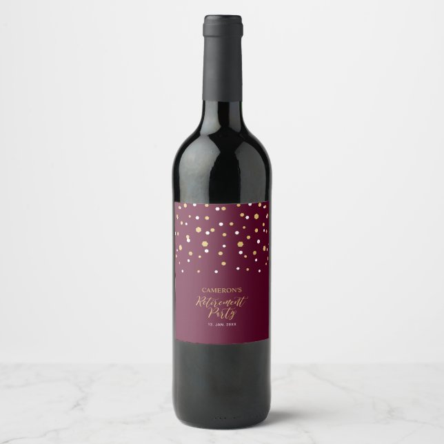 Burgundy & Gold Hexagon Confetti Retirement Party Wine Label (Front)