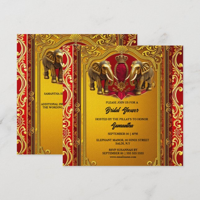 Burgundy gold indian elephants royal bridal shower holiday card (Front/Back)