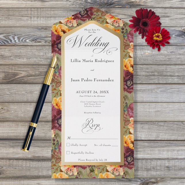 Burgundy & Gold Jewel Floral Green No Dinner All In One Invitation (Creator Uploaded)