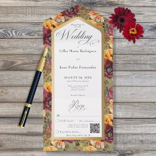 Burgundy & Gold Jewel Floral Green QR Code All In One Invitation