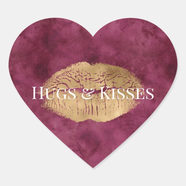 Burgundy Gold Kiss Lips        Heart Sticker (Front)