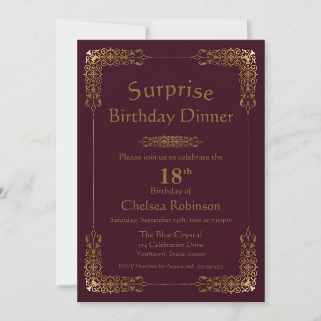 Burgundy Gold Lace Surprise 18th Birthday Dinner Invitation (Front)