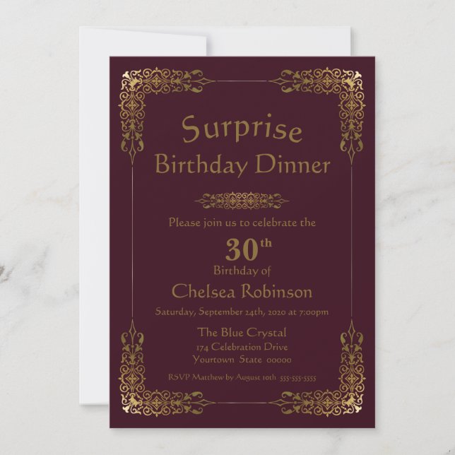 Burgundy Gold Lace Surprise 30th Birthday Dinner Invitation (Front)