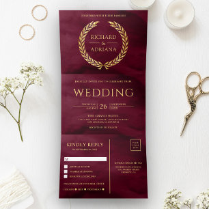 Burgundy Gold Laurel Minimal All in One Wedding Tri-Fold Invitation