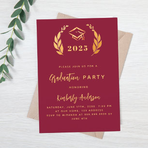 Burgundy gold laurel wreath 2025 Graduation Party Invitation
