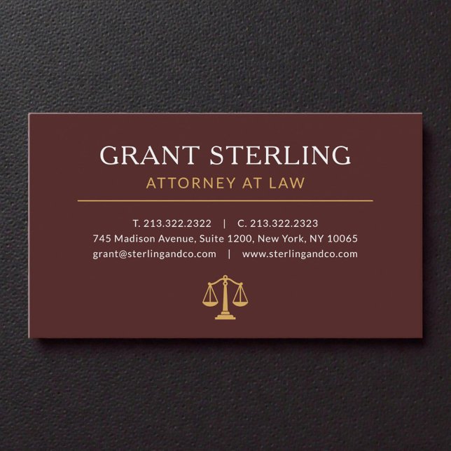 Burgundy Gold Lawyer Attorney at Law Luxury Business Card (Creator Uploaded)