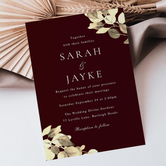 Burgundy & Gold Leaf Modern Wedding Invitation (Creator Uploaded)