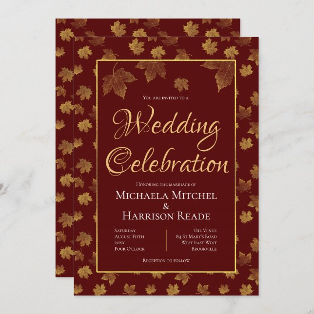 Burgundy & Gold Leaf Wedding Celebration Invitation (Front/Back)
