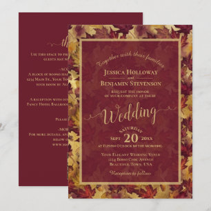 Burgundy & Gold Leaves Calligraphy QR Code Wedding Invitation
