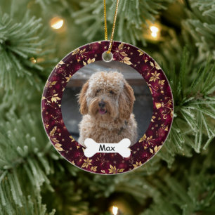 Burgundy Gold Leaves Custom Pet Puppy Dog Photo Ceramic Tree Decoration