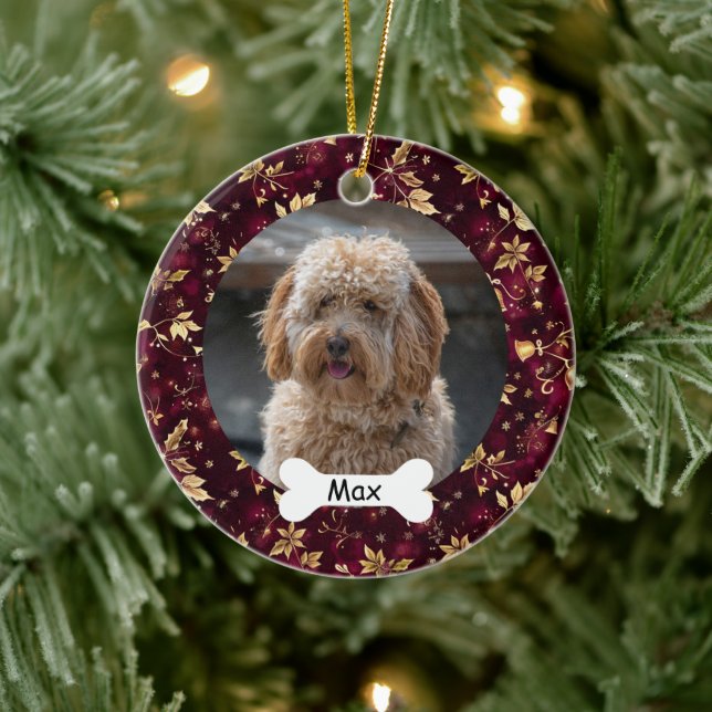 Burgundy Gold Leaves Custom Pet Puppy Dog Photo Ceramic Tree Decoration (Tree)