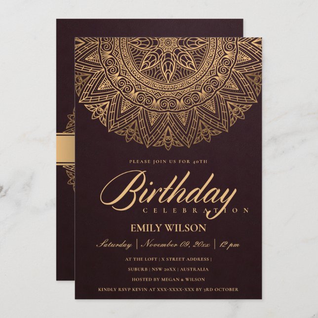 BURGUNDY GOLD MANDALA ANY YEAR 40TH BIRTHDAY PARTY INVITATION (Front/Back)