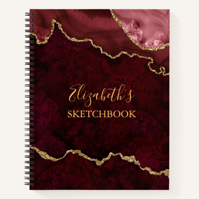 Burgundy Gold Marble Agate Geode Sketchbook Notebook (Front)