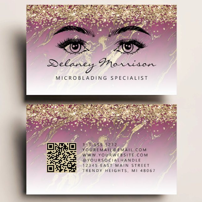 Burgundy Gold Marble Eyes QR Code Microblading Business Card (Creator Uploaded)