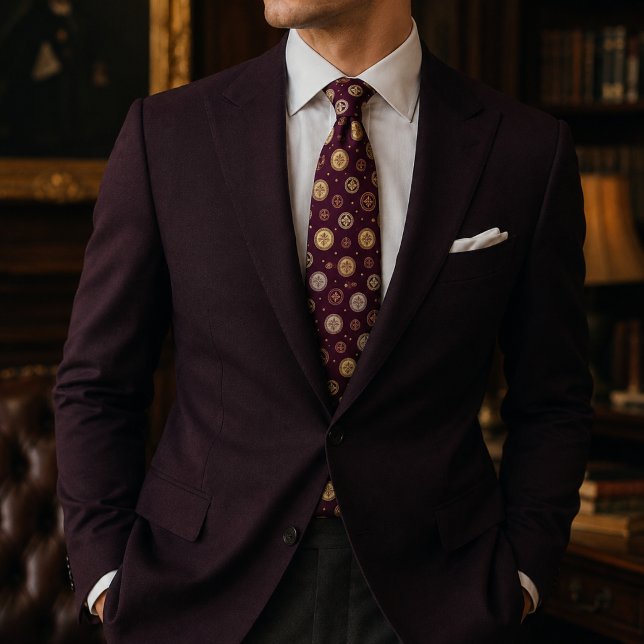 Burgundy Gold Medallion Tie (Creator Uploaded)