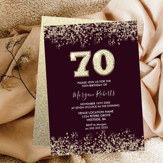 Burgundy & Gold Mens Womans 70th Birthday Party Invitation (Creator Uploaded)