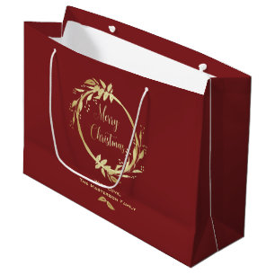 Burgundy Gold Merry Christmas Holly Wreath Holiday Large Gift Bag
